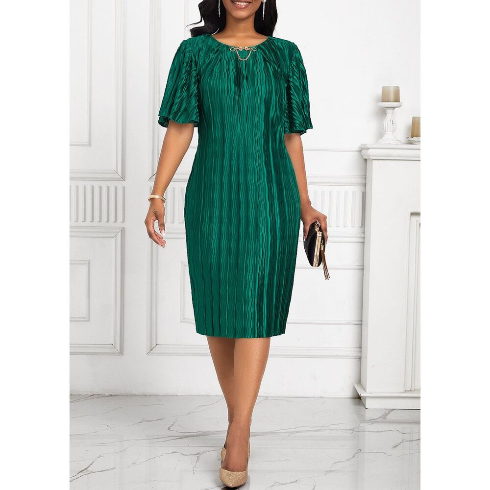 F_Unbranded Pleated Round Neck Short Sleeve Green Bodycon Dress